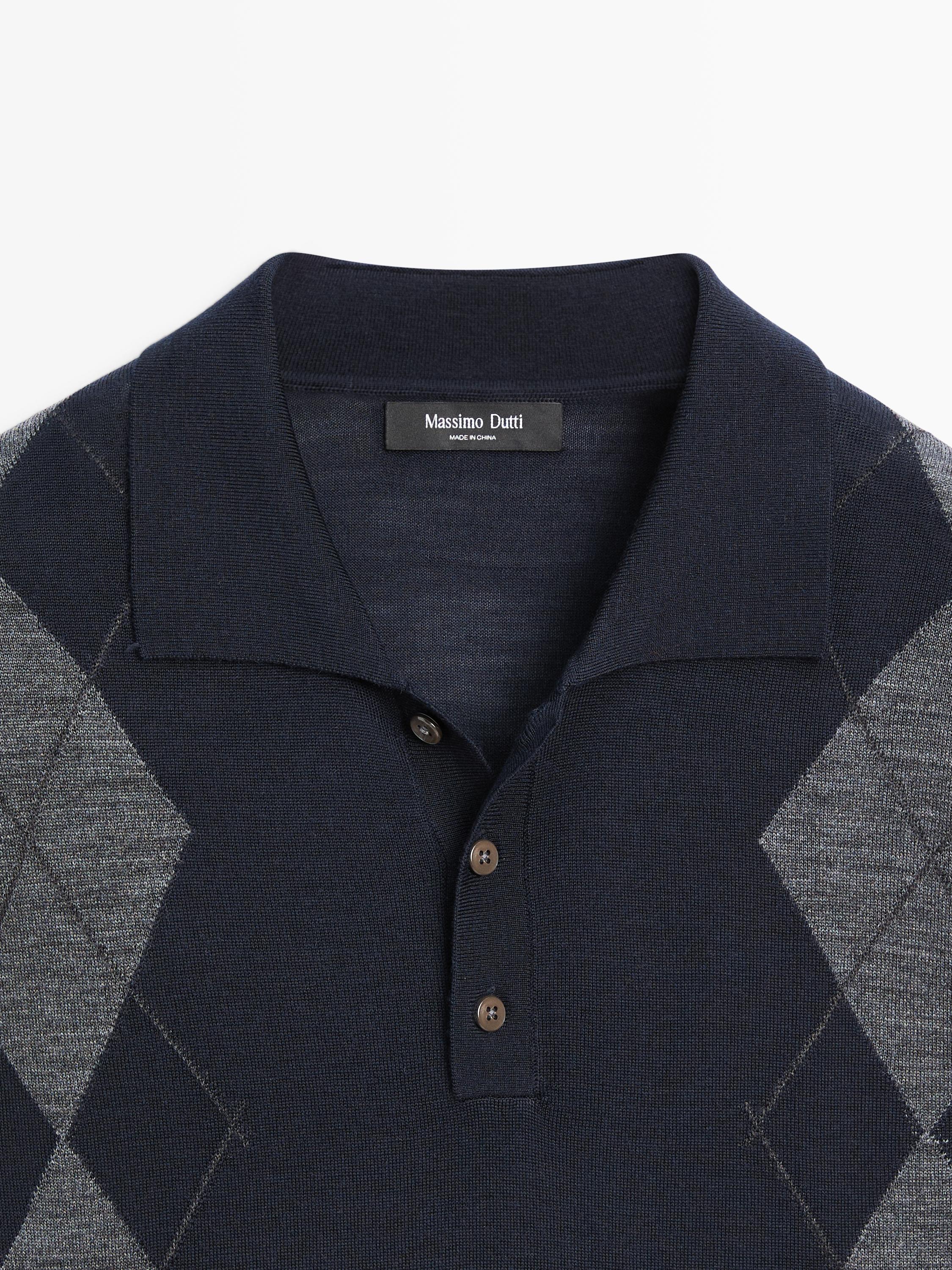 Merino wool blend argyle knit polo sweater